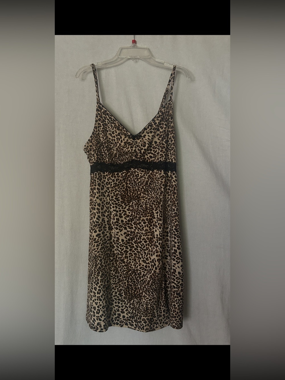Sleep Dress in Leopard Print with Lace Trim colors Beige and Black.
